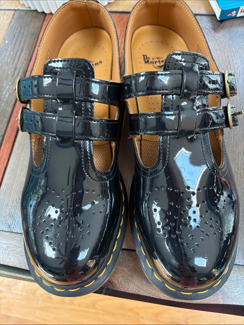 Dr. Martens Black Patent Mary Jane Shoes with Yellow Stitching - Picture 2 of 4